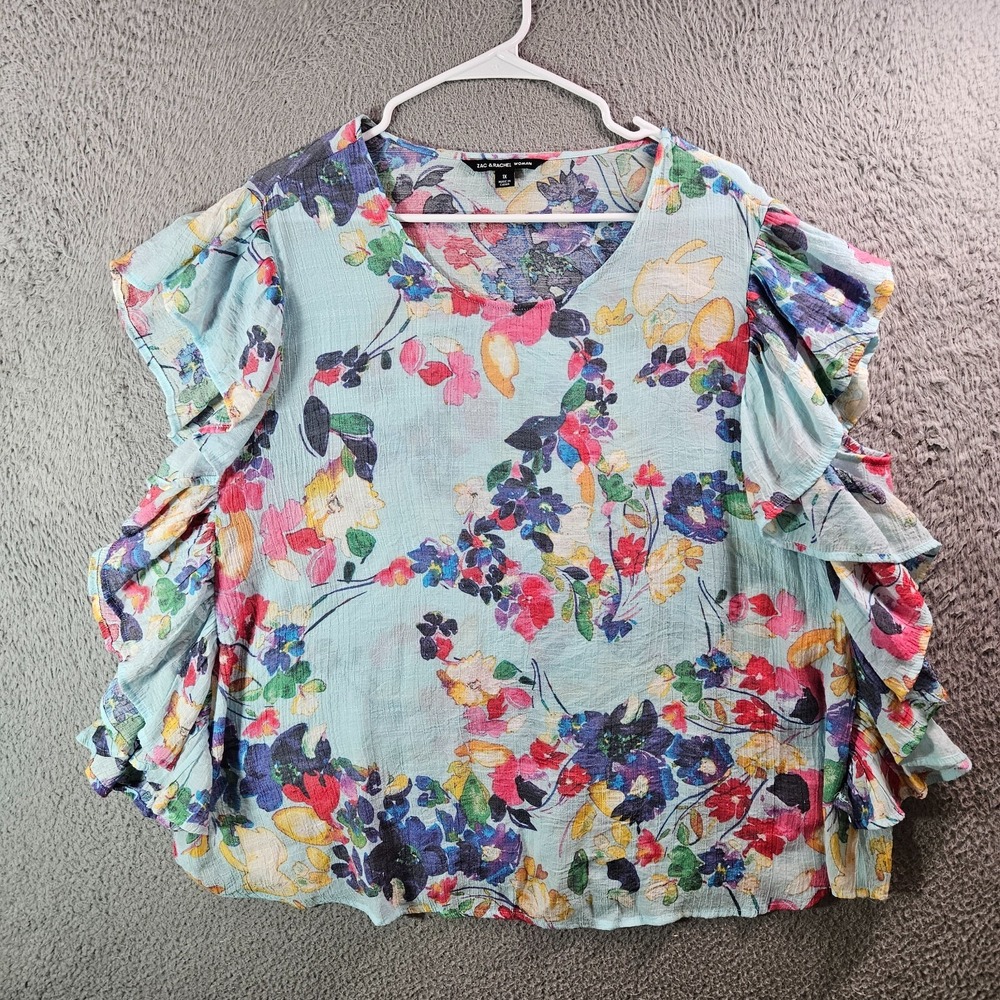 Zac & Rachel Women Top Blouse Women 1X Plus Ruffle Colorful Floral Print Blue
